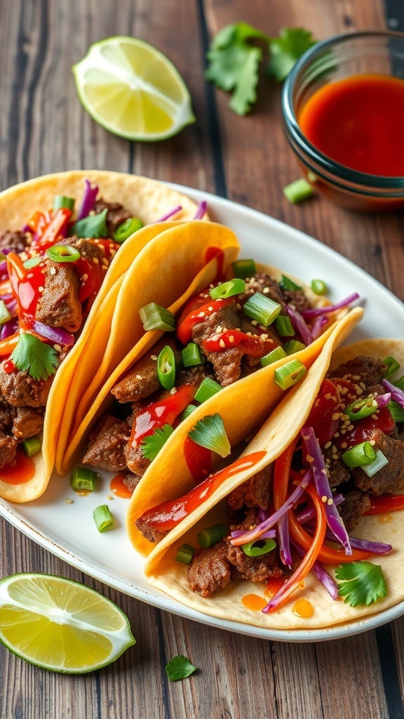 Korean Beef Tacos with marinated beef, cabbage, and cilantro on a wooden table.